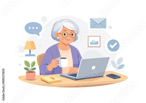 Senior woman enjoying coffee while working on laptop at home office