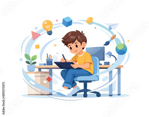 Young boy drawing in creative workspace with digital tablet and office supplies