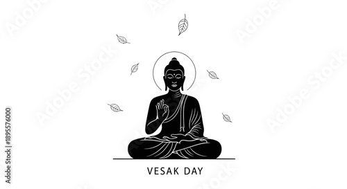 Buddha Meditation Vesak Day Illustration Black White.