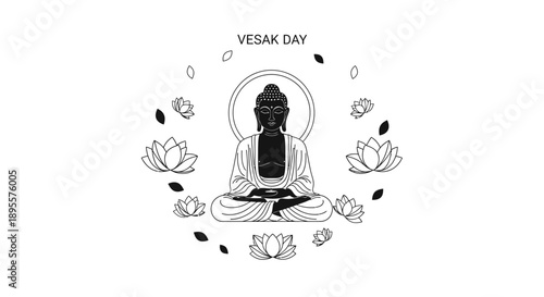 Buddha silhouette meditating with lotus flowers.