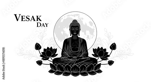 Buddha Sitting Meditation Lotus Flowers Illustration.