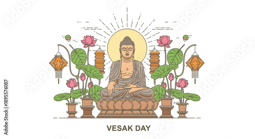 Buddha Sitting Meditation Vesak Day Illustration.