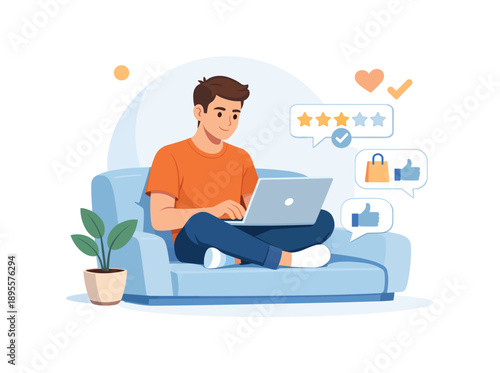 Man engaging in online shopping and reviews at home