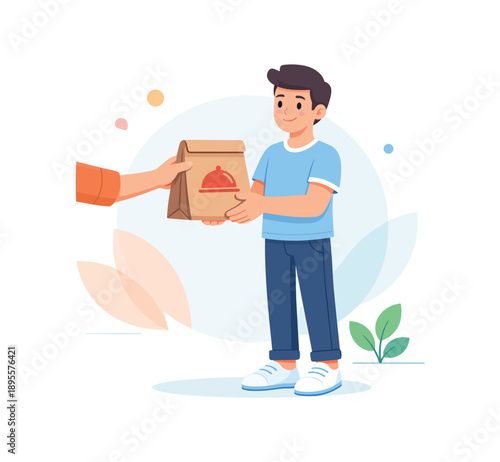 Young man receiving food delivery in casual setting