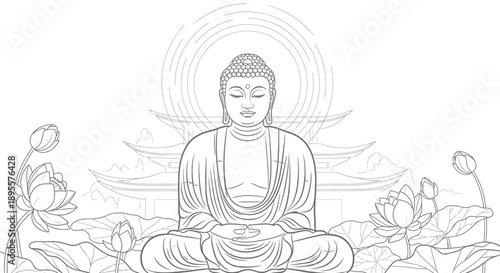 Buddha Statue Sitting Meditation Lotus Flowers.