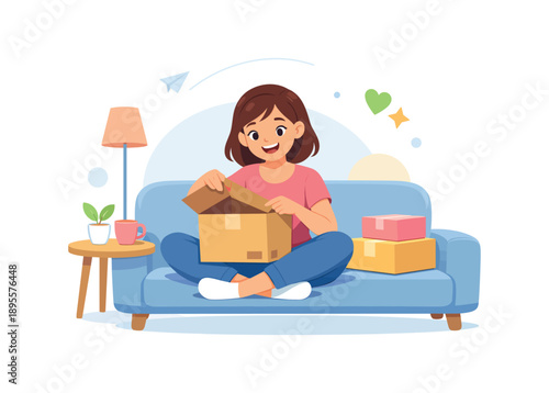 Happy woman unboxing package on sofa in cozy living room setting