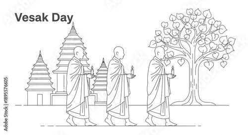 Buddhist Monks Walking in Procession Vesak Day.