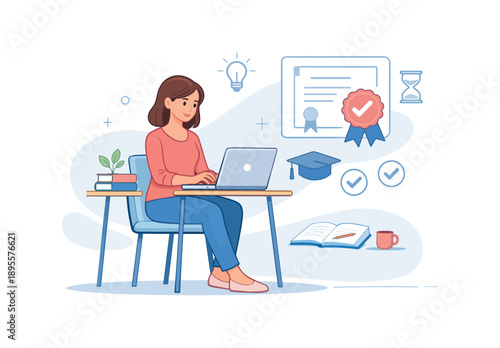 Woman learning online with laptop at home desk