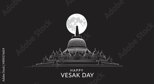 Happy Vesak Day illustration, Borobudur temple silhouette with detailed stupas, large full moon rising behind the temple, night sky atmosphere, spiritual and peaceful mood, monochrome grayscale color 