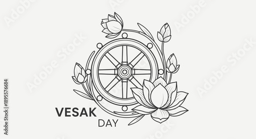 Buddhist Wheel of Dharma with Lotus Flowers Illustration.