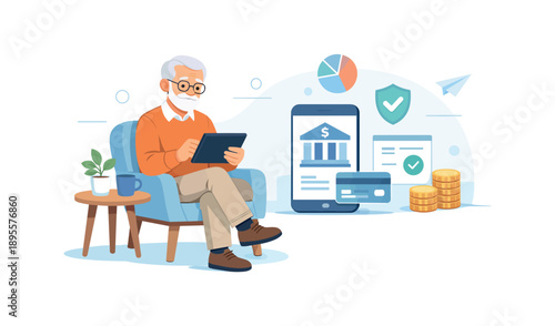 Senior man managing finances online with tablet in cozy setting