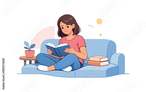 Woman reading on sofa with books and plant in cozy living room