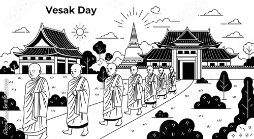 Monks Walking Towards Temple Vesak Day.