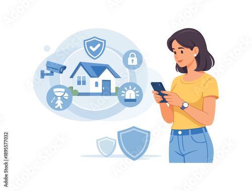 Woman monitoring smart home security with smartphone