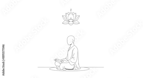 Simple Line Drawing of Monk with Cat.