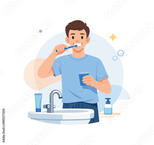 Smiling man brushing teeth in bathroom morning routine