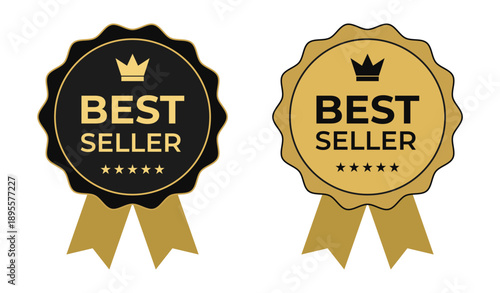 Golden and black best seller award badges with ribbons for promotion