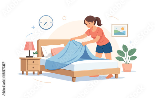 Woman making bed in modern bedroom with plants and decorative elements
