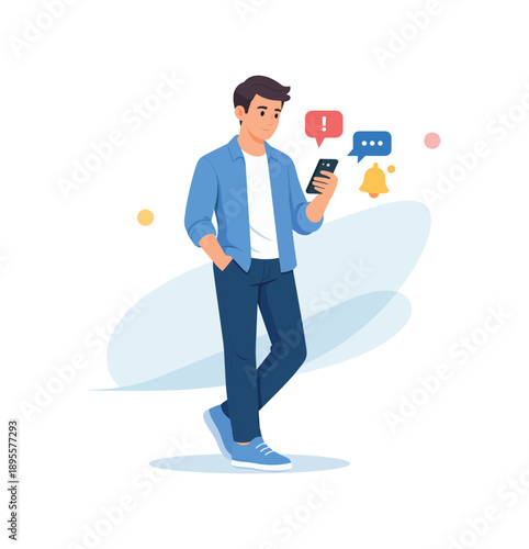 Young man checking smartphone notifications and alerts in casual attire