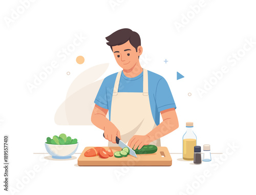 Man preparing salad in kitchen with fresh vegetables and ingredients