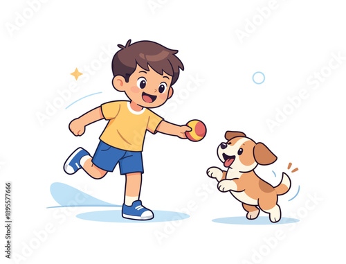 Boy playing fetch with happy dog in fun outdoor scene