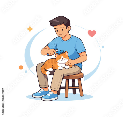 Man gently grooming a relaxed cat with care and love