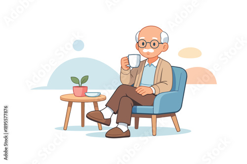 Elderly man relaxing with coffee in cozy chair with plant nearby