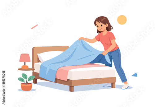 Woman making bed in cozy bedroom with minimalist decor and indoor plant