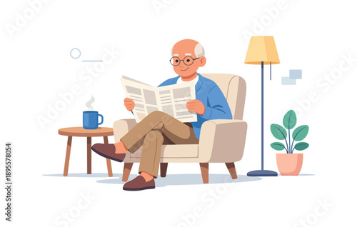Elderly man reading newspaper in cozy living room with coffee and lamp