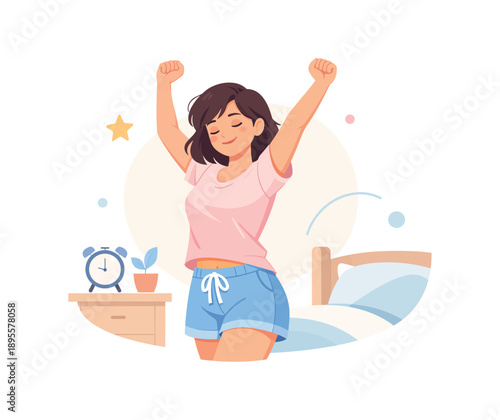 Happy woman stretching in bedroom for a refreshing morning routine