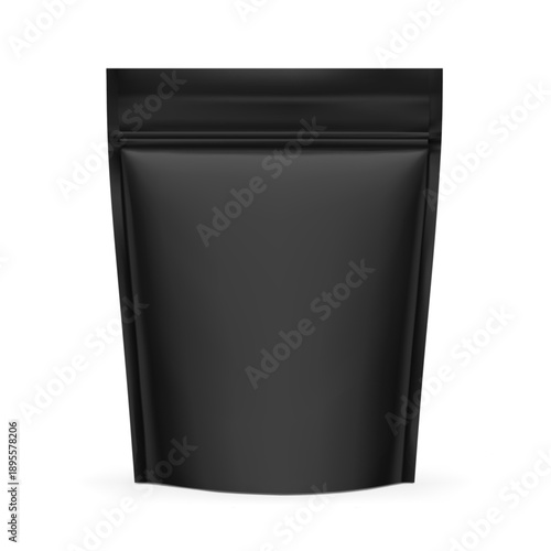 Realistic black stand up pouch bag mockup with transparent shadow. Front view. Vector illustration isolated on white background. Ready for your design. EPS10.