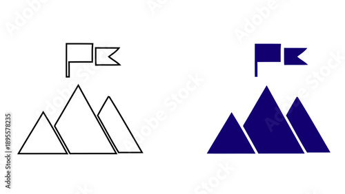 Mountain Peak with Flag Icon Mission Accomplished and Business Goal Achievement UI Elements, Line and Solid Vector Styles