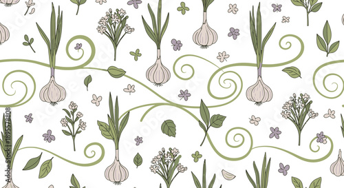 Intricate botanical pattern featuring garlic bulbs and delicate floral accents in soothing green tones for herbal or