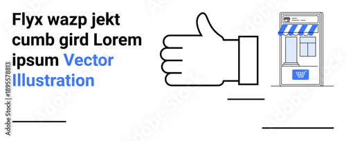 Online shopping, e-commerce, customer reviews, digital marketplaces, business approval, and mobile storefronts. Thumbs up with a stylized online store. Online shopping and e-commerce concept