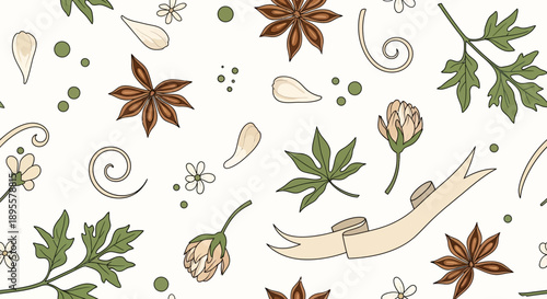 Seamless botanical pattern featuring herbs flowers spices and decorative elements