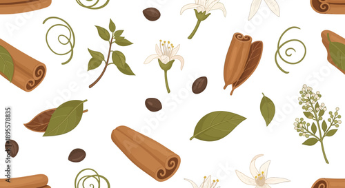 Decorative pattern featuring cinnamon sticks, leaves, flowers, and seeds in a harmonious arrangement for kitchen or culinary