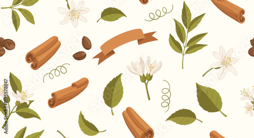 Vibrant aromatic herbal and spice pattern showcasing cinnamon sticks jasmine flowers and fresh leaves in a seamless design