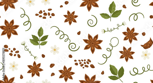 Seamless Pattern Featuring Coffee Spices and Herbal Elements for Culinary Design