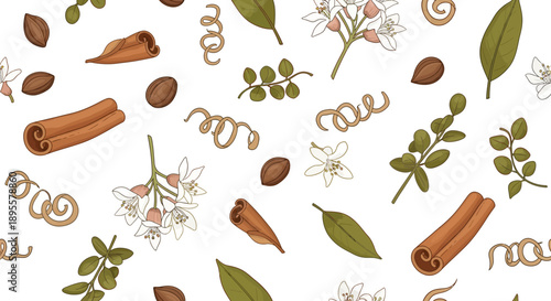 Delicate botanical pattern featuring cinnamon sticks, green leaves, and floral accents for natural themed design elements