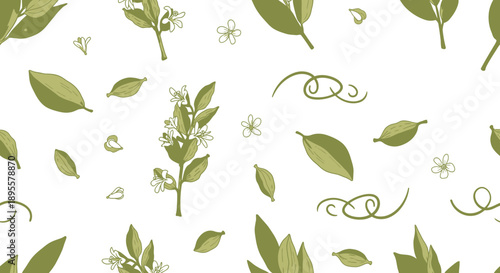 Seamless botanical pattern featuring various green leaves and delicate floral accents for design projects and surface textures