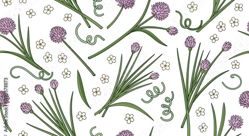 Delicate botanical pattern featuring lavender, small white flowers and flowing green stems on a white background perfect for