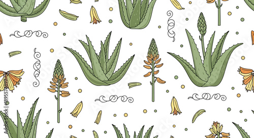 Floral and botanical pattern featuring realistic aloe vera, daffodils, and assorted leaves in soft pastel shades with whimsical