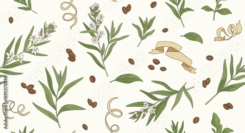 Seamless Pattern of Green Herbal Plants, Coffee Beans, and Decorative Elements