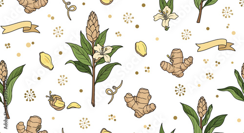 Seamless botanical pattern featuring ginger roots, blossoms, and fragrant herbs for elegant floral design