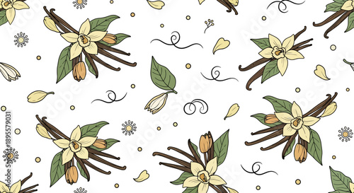 Delicate vanilla orchid and vanilla bean plant pattern with falling petals and swirling accents for creative design
