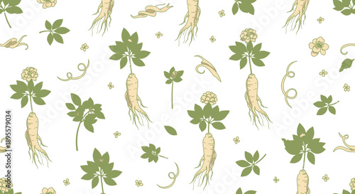 Whimsical Pattern Featuring Ginseng Roots and Green Leaf Illustrations for Design and Decoration