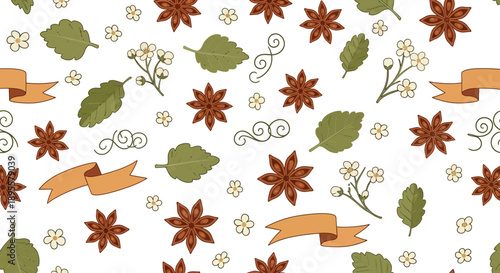 Seamless pattern of autumn leaves, star anise, floral elements, and ribbons in earth tones ideal for seasonal designs
