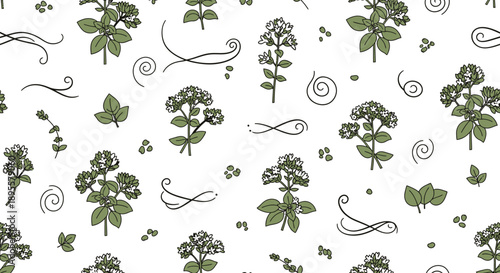 Seamless botanical pattern featuring sprigs and leaves with whimsical swirls and tiny buds for vibrant nature-inspired designs