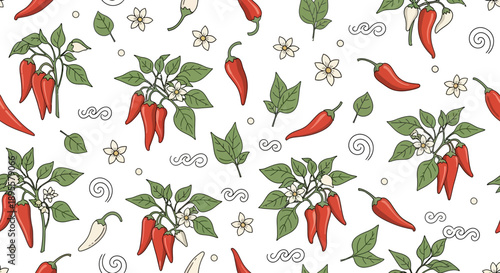 Vibrant chili pepper plant pattern with small white flowers and swirling accents showcasing natural botanical design and lively