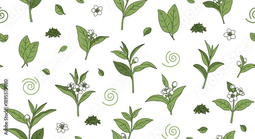 Whimsical Green Plant Pattern with Small Flowers and Leafy Elements for Design and Decoration